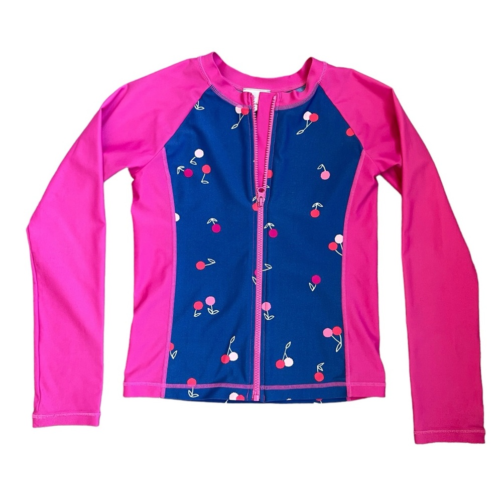 162. Kids Hanna Andersson Pink Navy Cherry Zip Up Rash Guard
